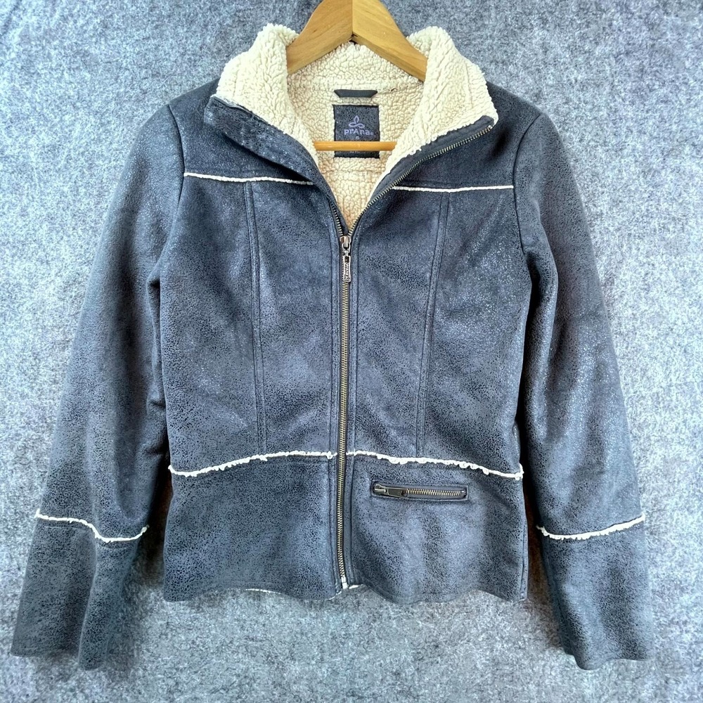 prAna Esme Jacket Womens Extra Small Grey Sherpa Lined Faux Suede Moto Shearling